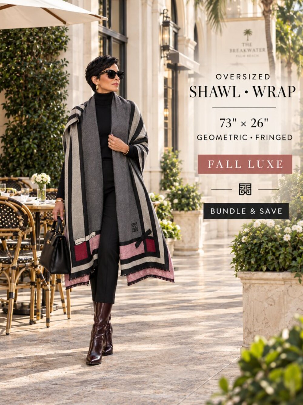 Oversized Gray Pink Black Geometric Shawl Wrap Scarf 73" x 26"